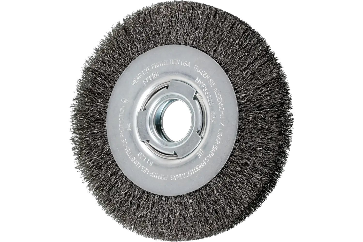 Show details for Pferd Crimped Wire Wheel Brush 7" Dia Medium Face .010 Carbon Steel 2" Arbor Picture of Pferd Crimped Wire Wheel Brush 7" Dia Medium Face .010 Carbon Steel 2" Arbor